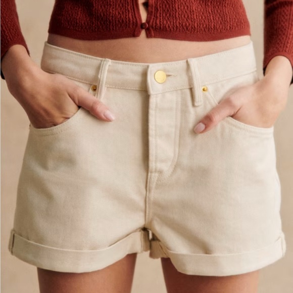 Sezane Niels Ecru Denim Cuffed Shorts Button Fly Relaxed Luxe Size 40 US 8 - Picture 5 of 12